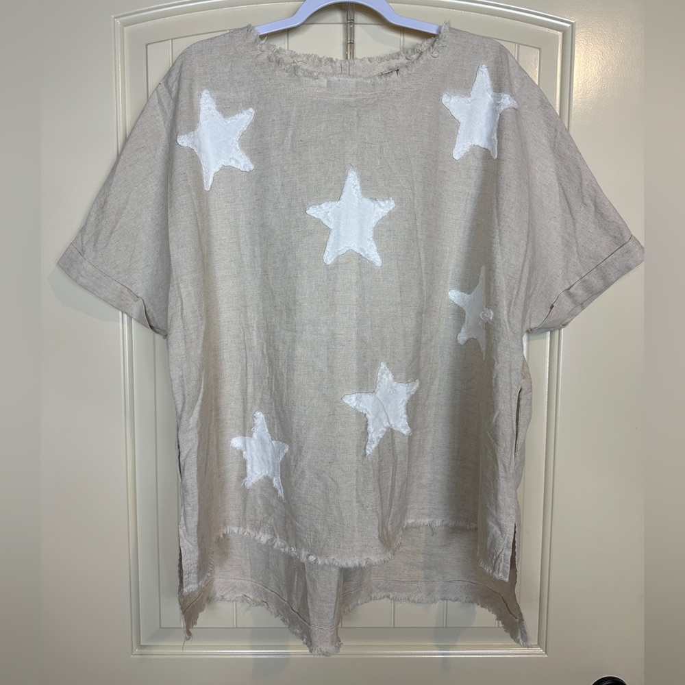 Bad Little Country Girl Tina linen cotton short sleeve oversized star shirt sz S